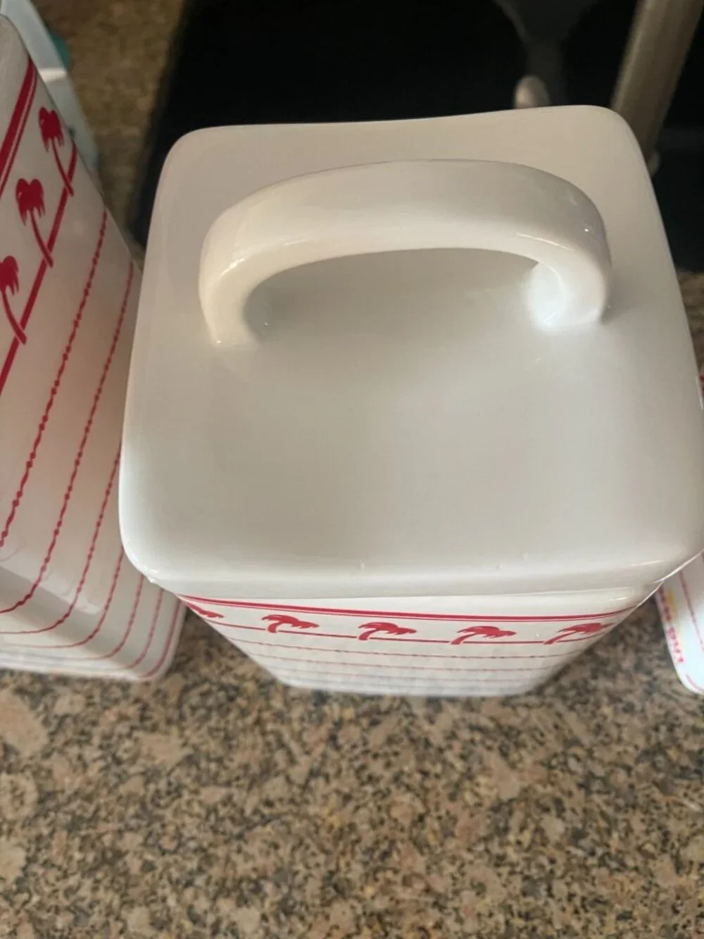 In-N-Out Burger Ceramic Canister Set of 4 With Lids Red White Palm Tree Design